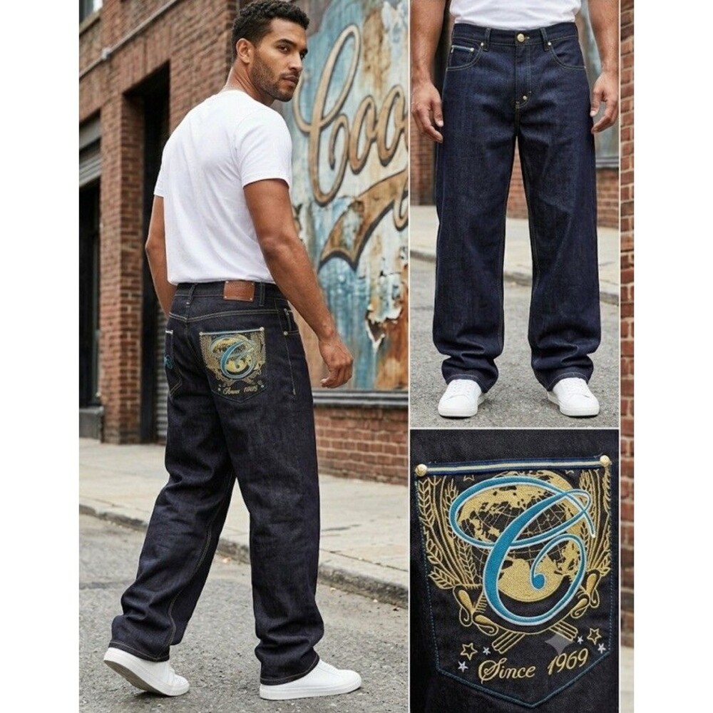 Coogi Mens Jeans W46 L31 Embroidered Baggy Wide Leg Dark Wash Y2K Hip Hop VNTG